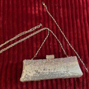 Silver Sequin & Rhinestone Clutch with Dual Chain Straps – Brand New